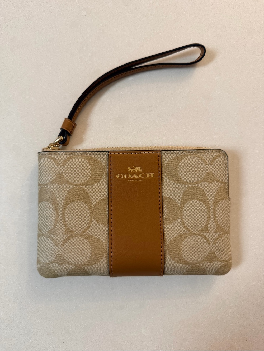 Coach Beige Signature Wristlet with Brown Leather Stripe